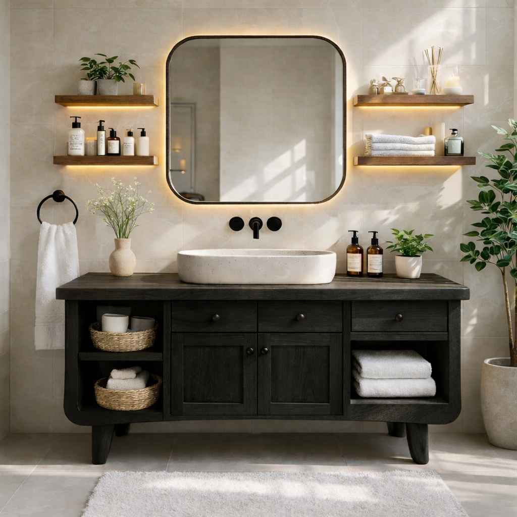 Modern Farmhouse Bathroom Vanity Cabinet With Drawers And Open Shelf Storage