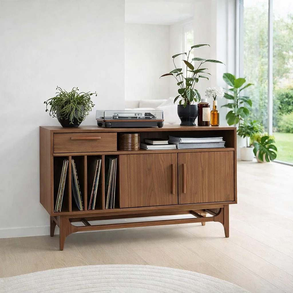 Vinyl Record Storage Sideboard Cabinet with Open Shelf and Drawer – Media Console