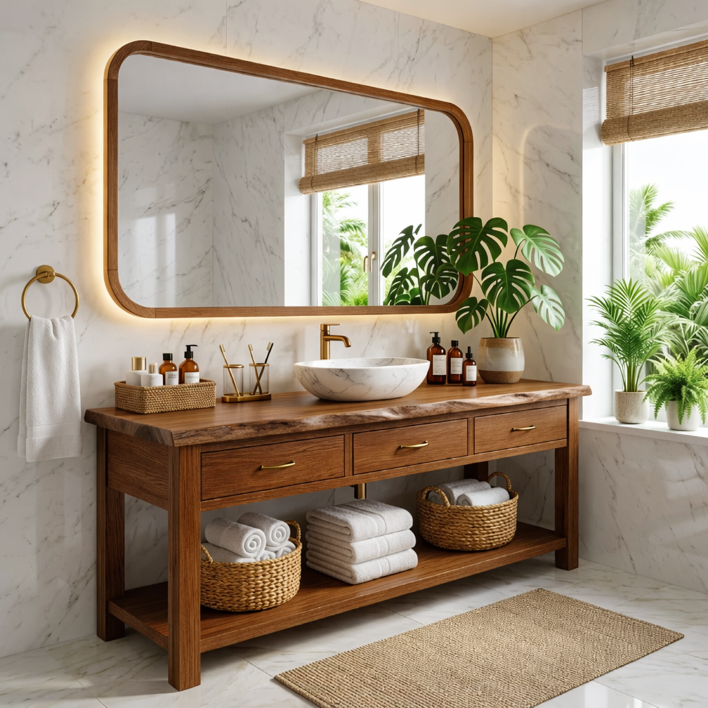 Elegant Wooden Bathroom Vanity with Spacious Storage and Marble Sink