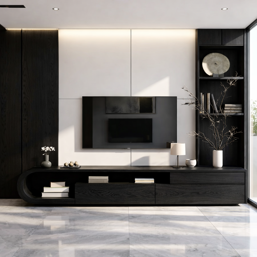 Solid Wood TV Stand with Curved Shelf, Modern Low Profile Media Console
