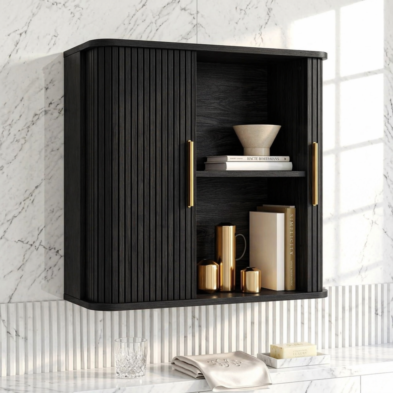Floating Bathroom Cabinet, Modern Slatted Wall Mounted Vanity Storage Organizer Shelf
