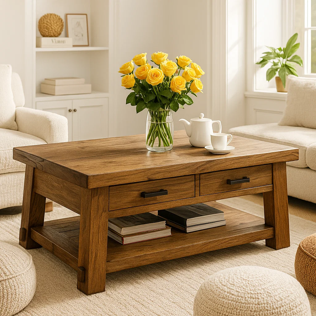 Solid Wood Coffee Table with Drawers and Storage Shelf Rustic Living Room Table