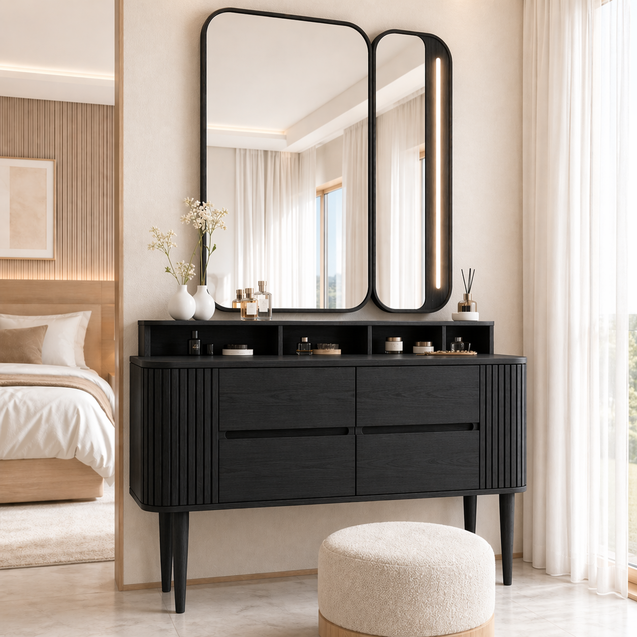 Modern Makeup Vanity Desk With LED Mirror Drawers Dressing Table Bedroom Furniture