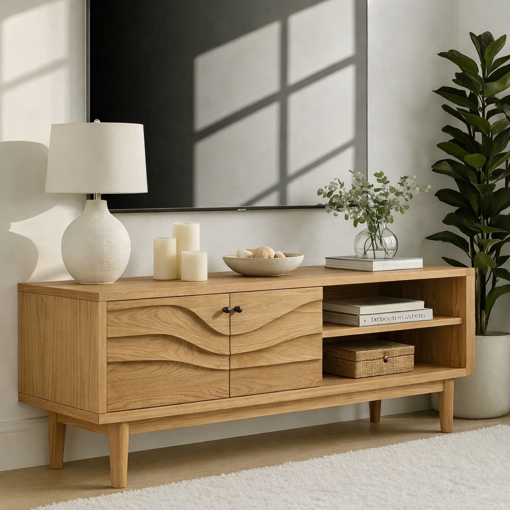 Mid Century Solid Wood TV Stand Wave Front Media Console Modern Entertainment Cabinet