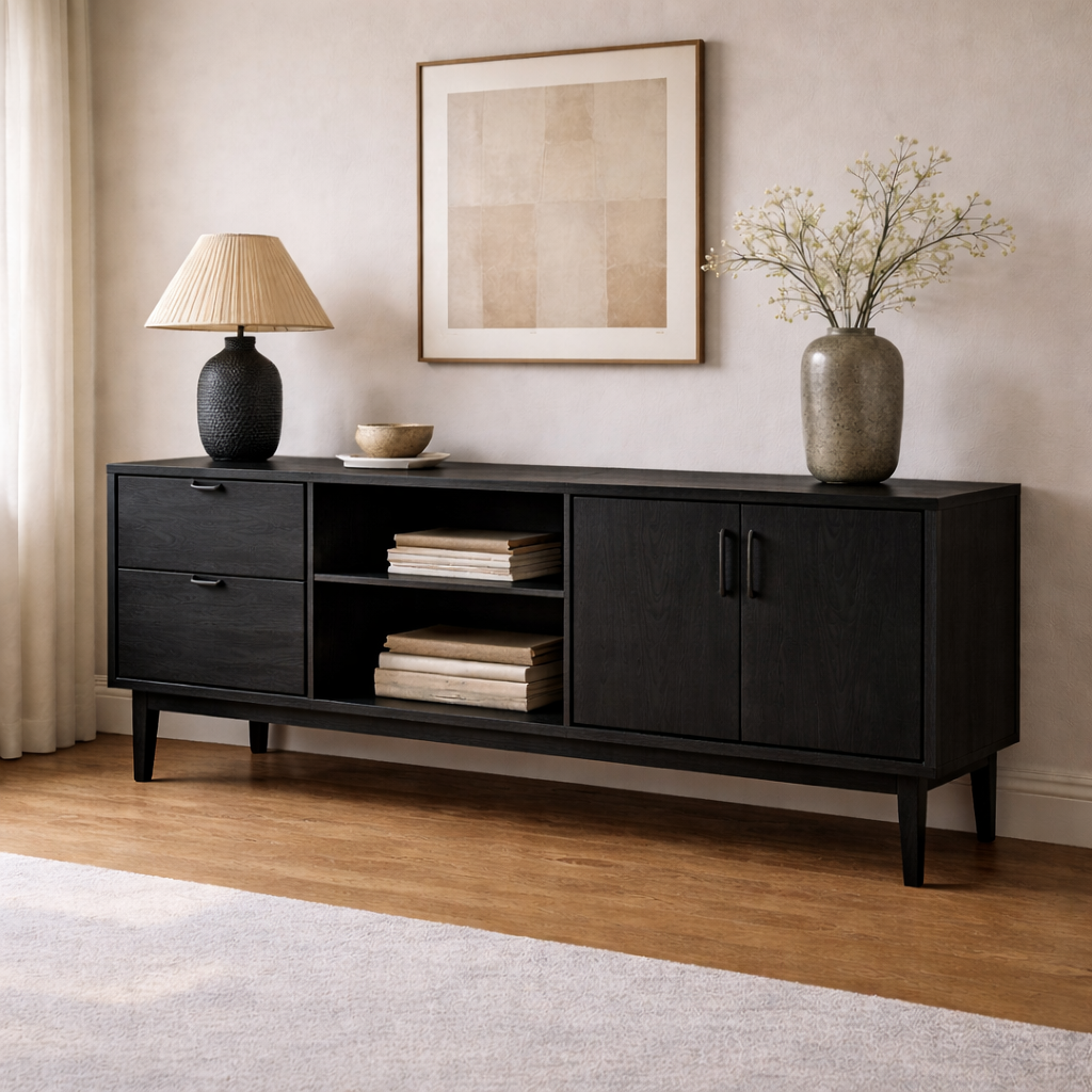 Solid Wood Console Cabinet with Drawers, Doors and Open Shelf Storage