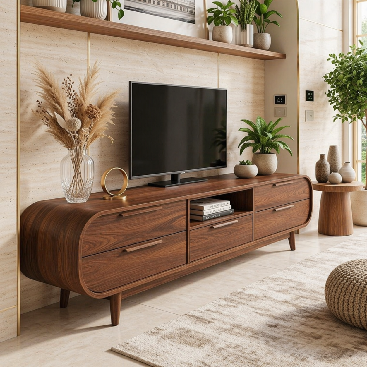 Modern Curved TV Stand, Minimalist Media Console, Storage Cabinet