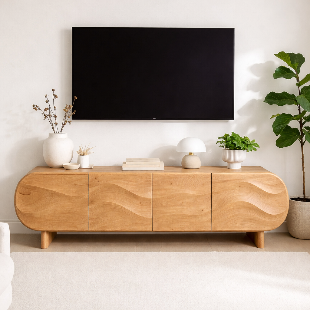 Modern Curved Wood TV Stand Long Media Console Storage Cabinet Low Profile Entertainment Center