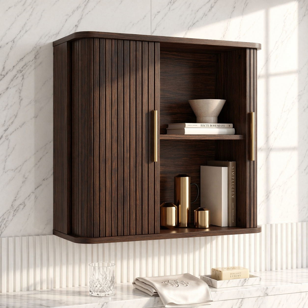 Floating Bathroom Cabinet, Modern Slatted Wall Mounted Vanity Storage Organizer Shelf