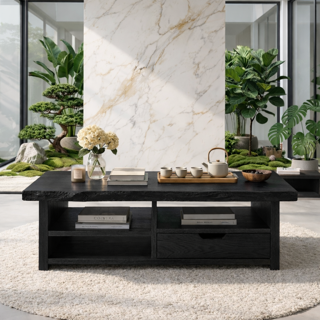 Live Edge Oak Coffee Table with Storage Drawer and Shelf, Solid Wood Living Room Table