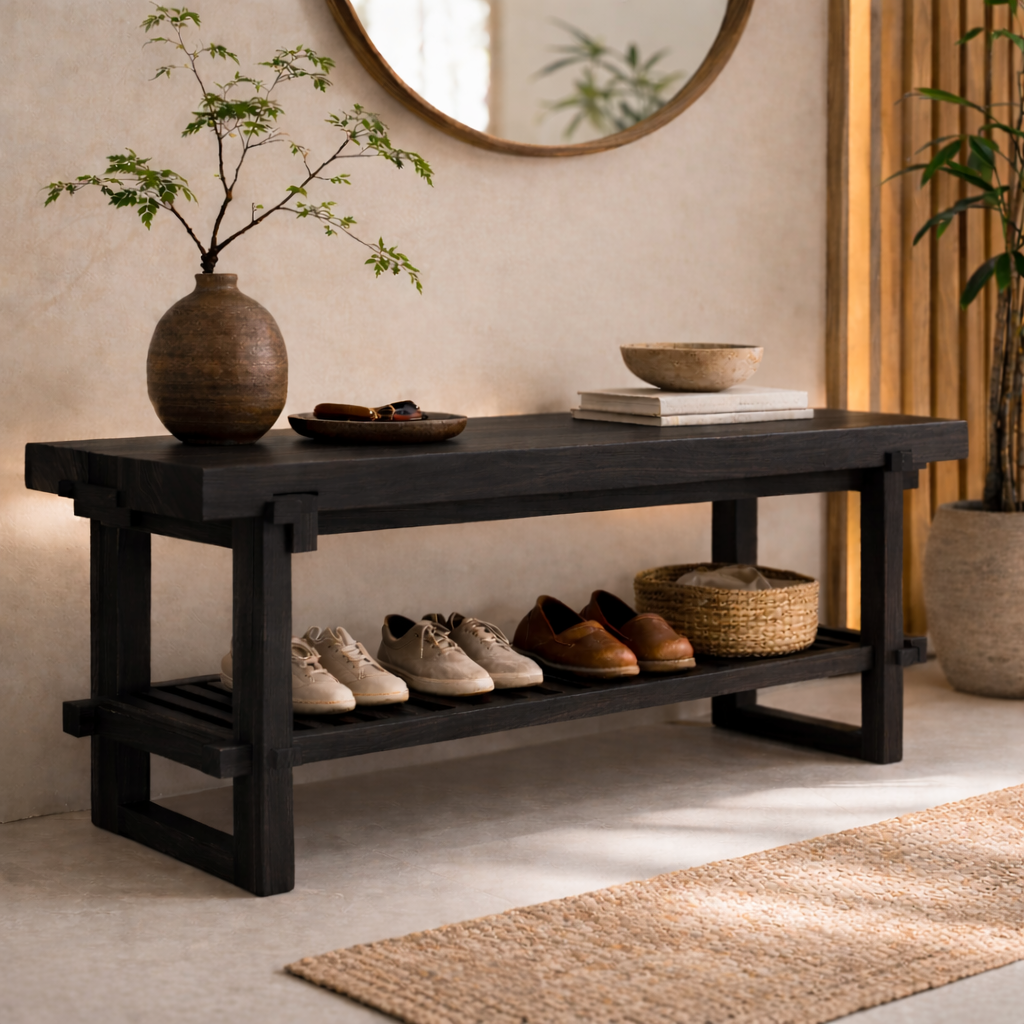 Solid Oak Entryway Bench with Storage Shelf | Modern Hallway Seating