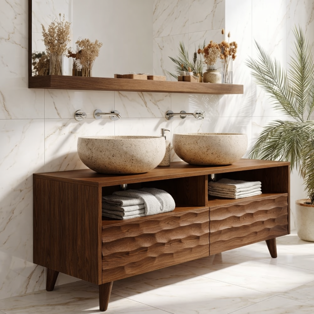 Modern Solid Wood Double Bathroom Vanity with Open Storage and Textured Drawers