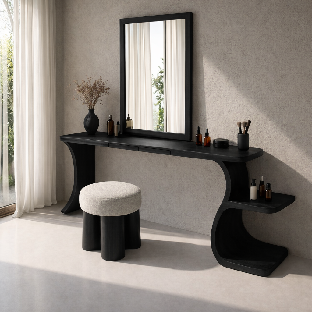 Handcrafted Solid Wood Makeup Vanity with Storage – Sculptural Modern Design