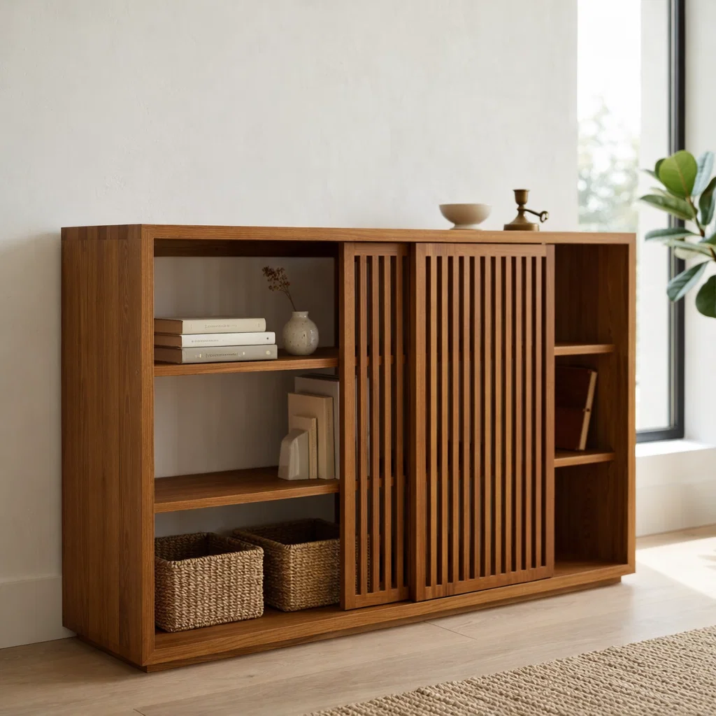 Solid Oak Console Cabinet with Sliding Slatted Doors – Modern Storage Sideboard