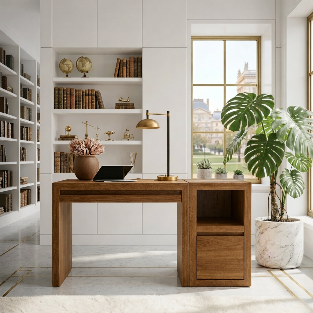 Modern Writing Desk with Storage Cabinet Minimal Home Office Work Table Clean Design