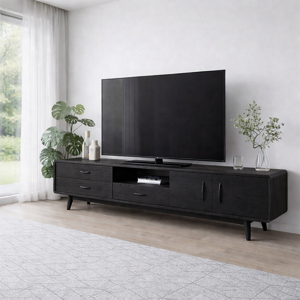 Solid Wood TV Console with Drawers & Cabinets – Modern Mid Century Stand
