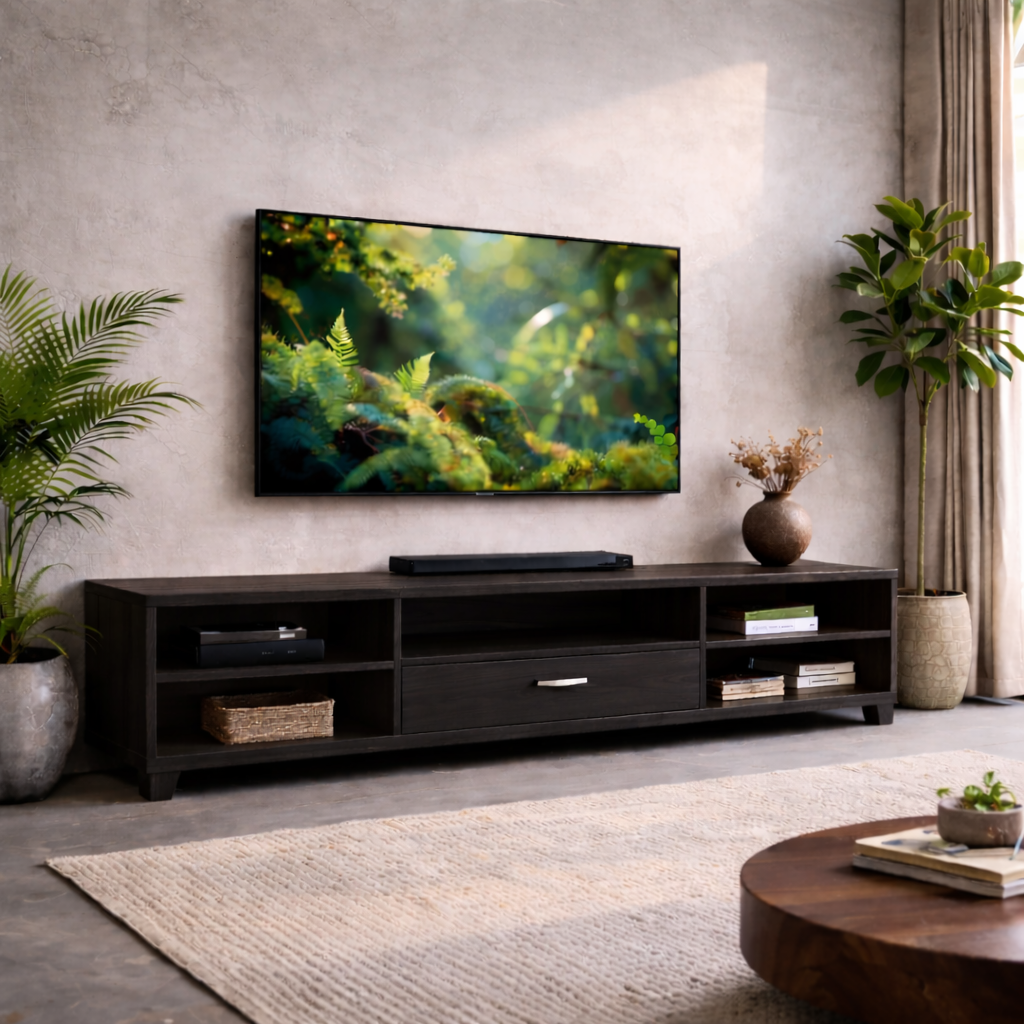 Modern Solid Wood TV Stand with Drawer and Open Shelves – Living Room Media Console