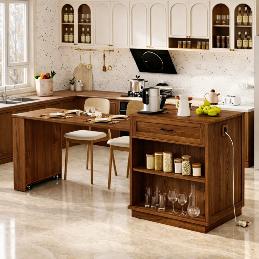Rolling Kitchen Island with Extendable Dining Table, Storage Shelf, Modern Prep Cart Home