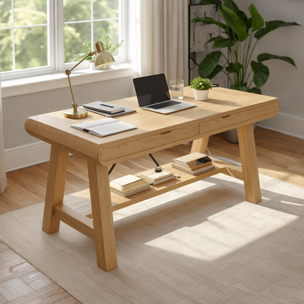 Solid Wood Work Desk with Drawer and Shelf, Handmade Modern Writing Table