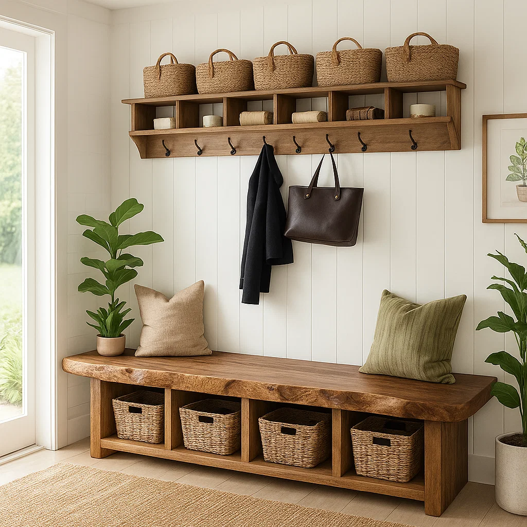 Solid Wood Entryway Bench with Storage Cubbies, Rustic Hallway Organizer Seat