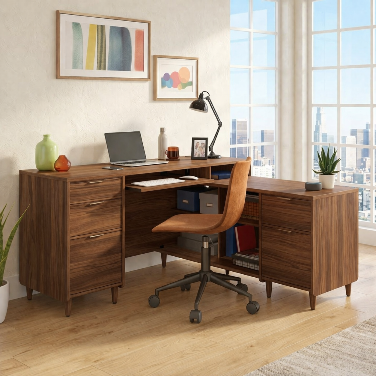 Modern L Shaped Executive Desk with Drawers, Corner Home Office Writing Table