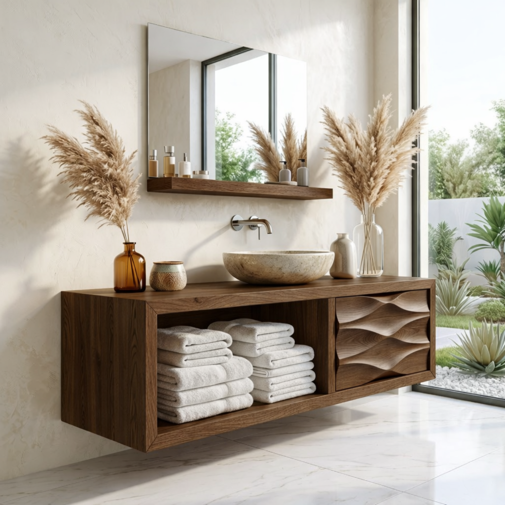 Modern Solid Wood Bathroom Vanity with Open Storage and Textured Drawer Front