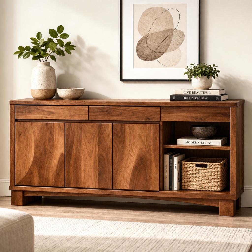 Solid Wood Console Cabinet with Drawers and Open Shelf – Modern Sideboard
