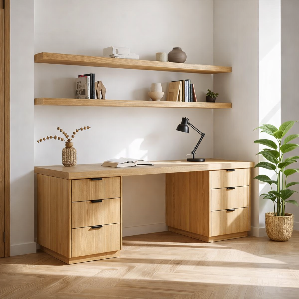 Solid Wood Executive Desk with Double Drawers Modern Home Office Workstation
