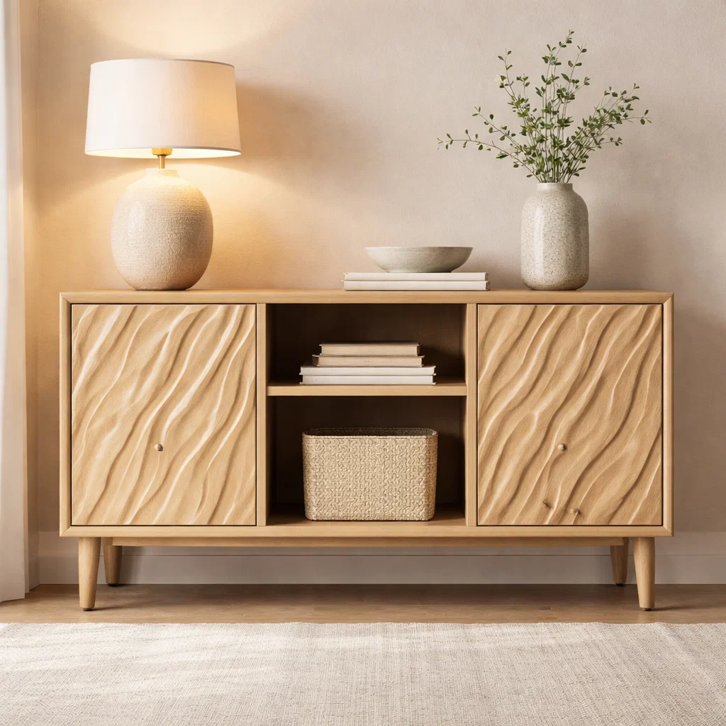 Solid Wood Console Cabinet with Wave Carved Doors & Open Shelf Storage