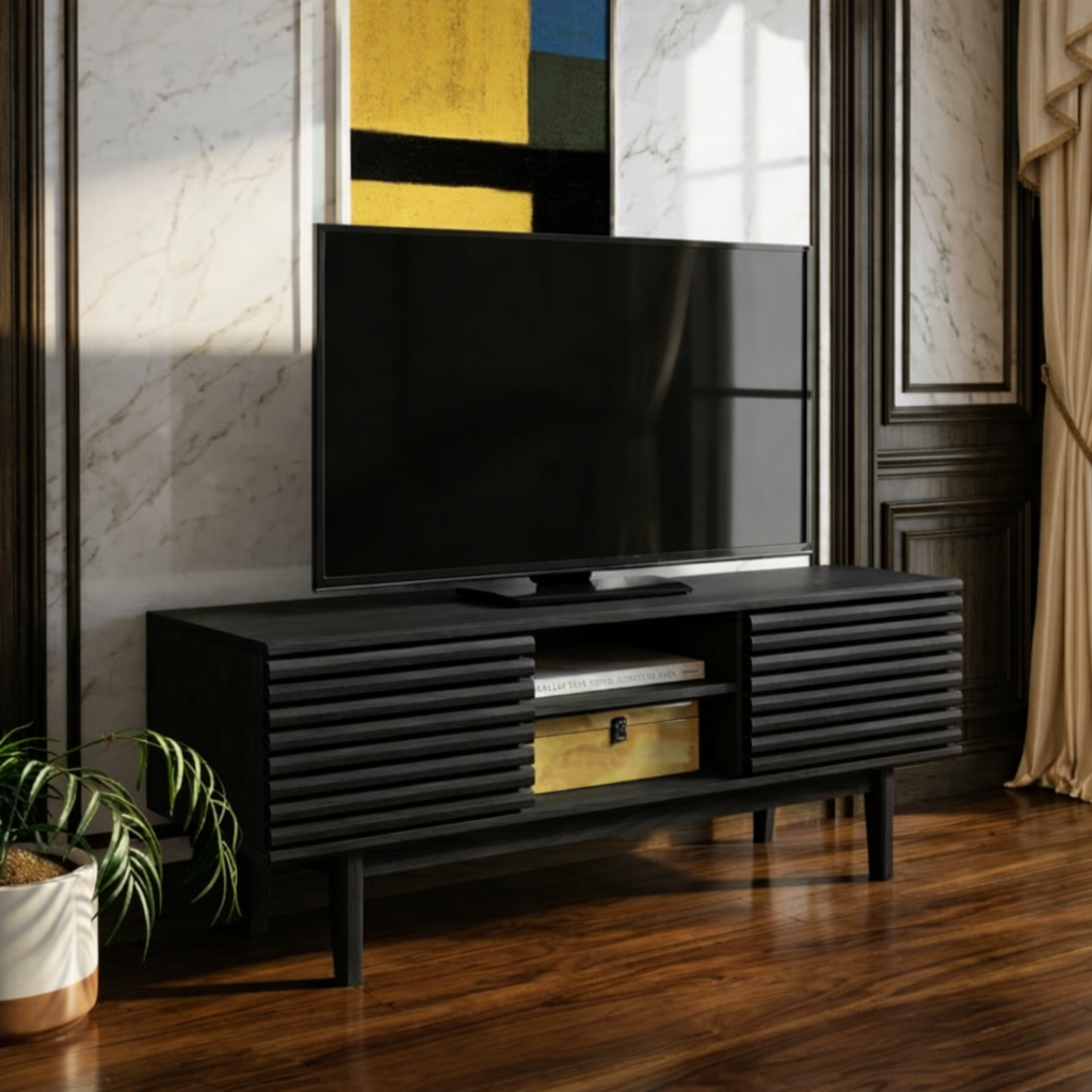 Mid Century Modern TV Stand, Slatted Media Console Cabinet with Storage for Living Room