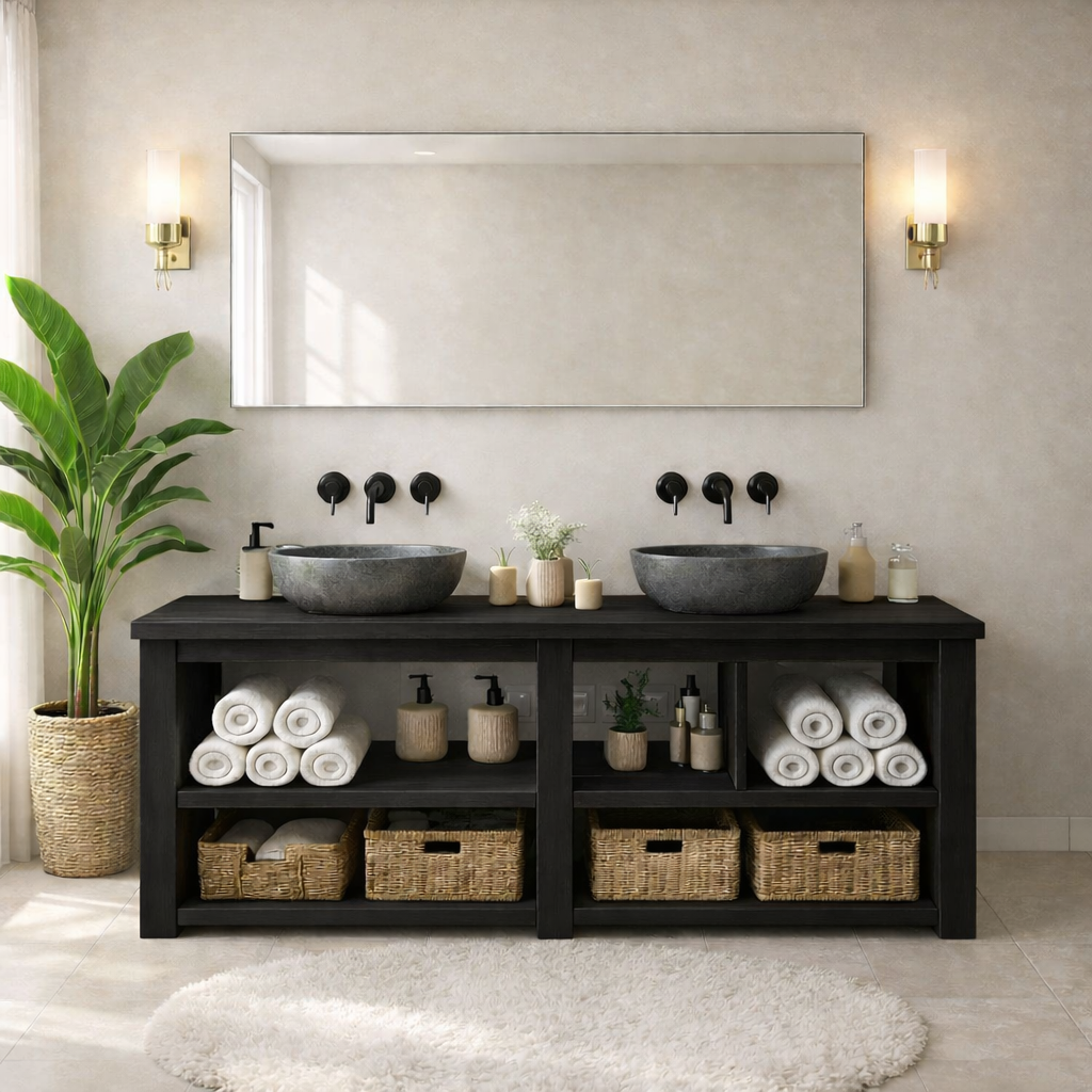 Rustic Double-Sink Wooden Bathroom Vanity with Storage Shelves