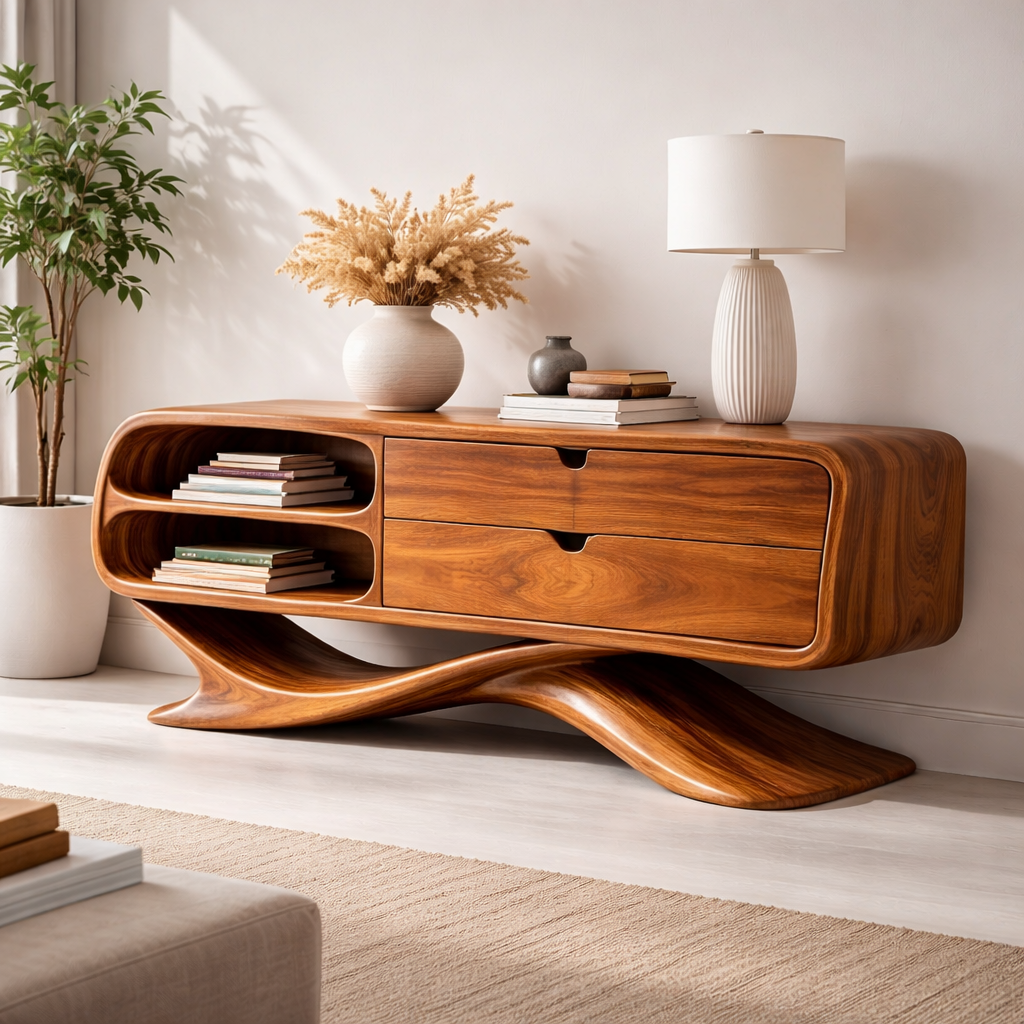 Solid Wood Sculptural Console Cabinet with Drawers & Open Shelf – Modern Curved Base