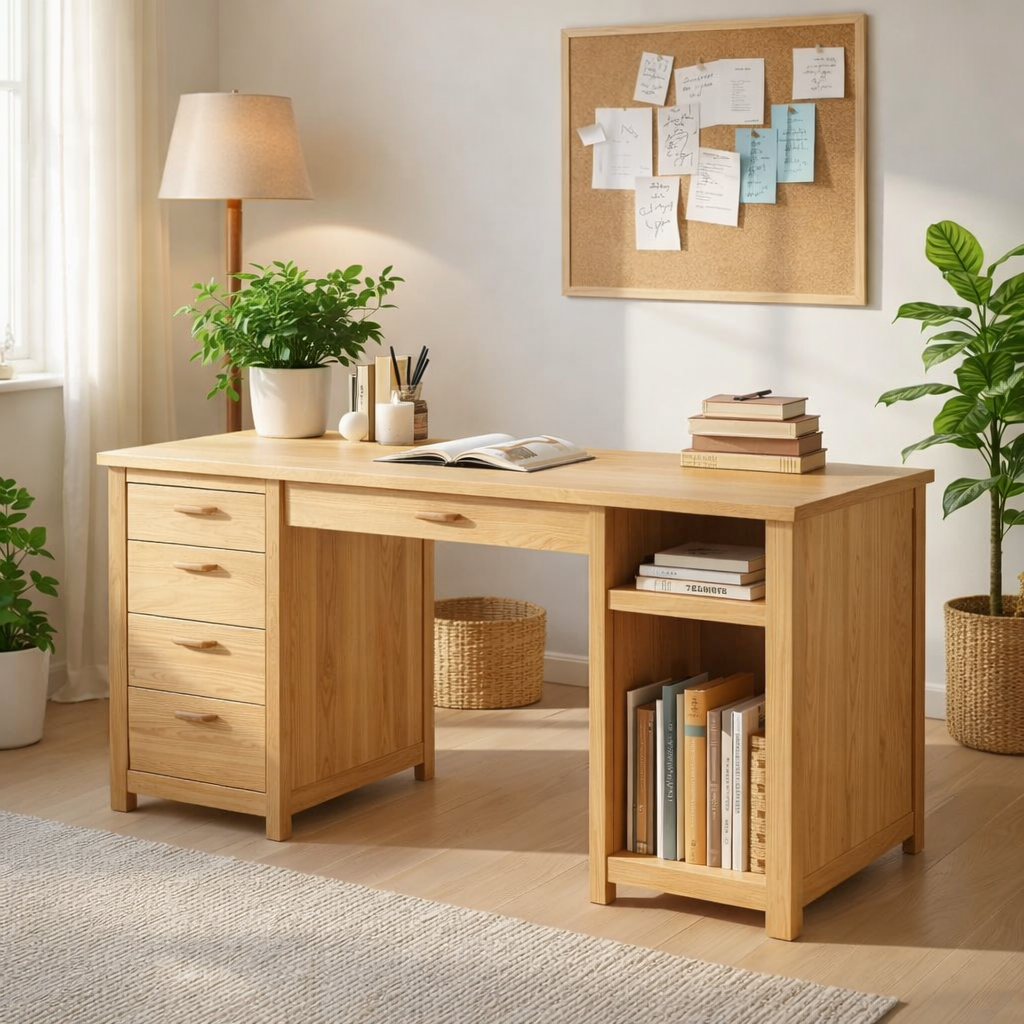 Solid Oak Handmade Work Desk with Drawers and Open Storage Shelves