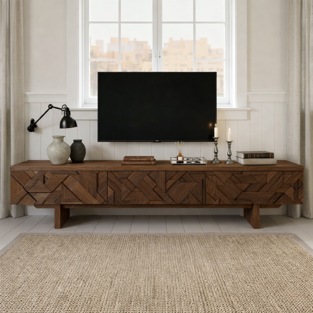 Solid Wood TV Stand with Geometric Doors, Modern Media Console Cabinet