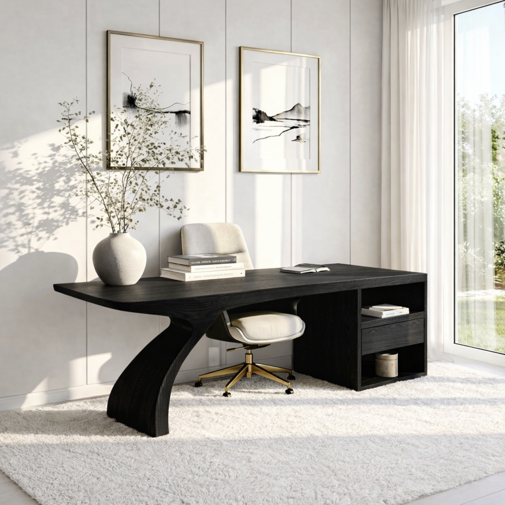 Modern Executive Writing Desk with Storage Shelf Home Office Work Table Unique Design