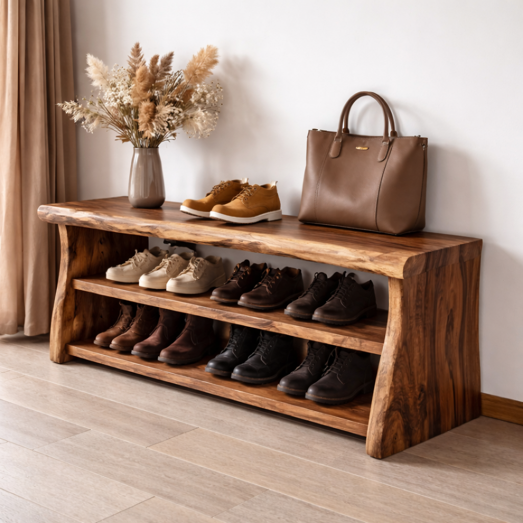 Solid Wood Entryway Bench with Shoe Storage Shelf – Rustic Wooden Shoe Rack Bench