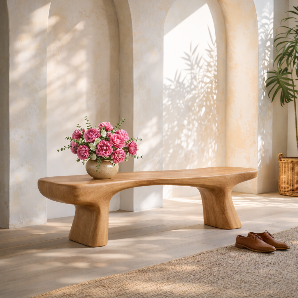 Modern Sculptural Black Wood Bench, Minimalist Statement Seating