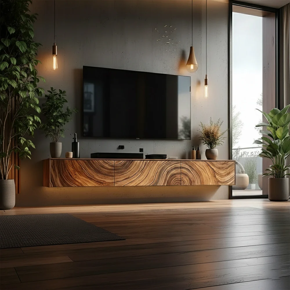 Solid Wood Floating TV Stand Walnut Wall Mounted Media Console with Storage