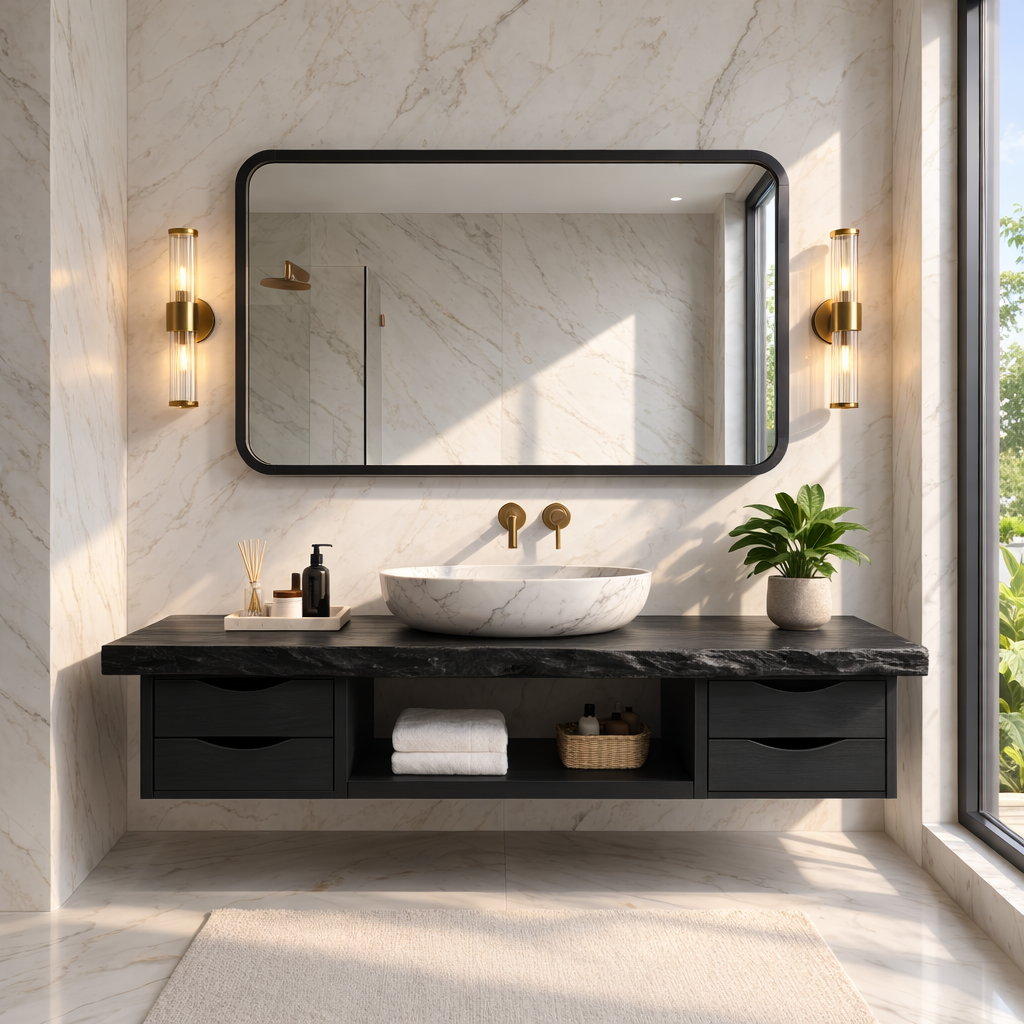 Floating Bathroom Vanity with Natural Wood, Modern Design, and Spacious Storage