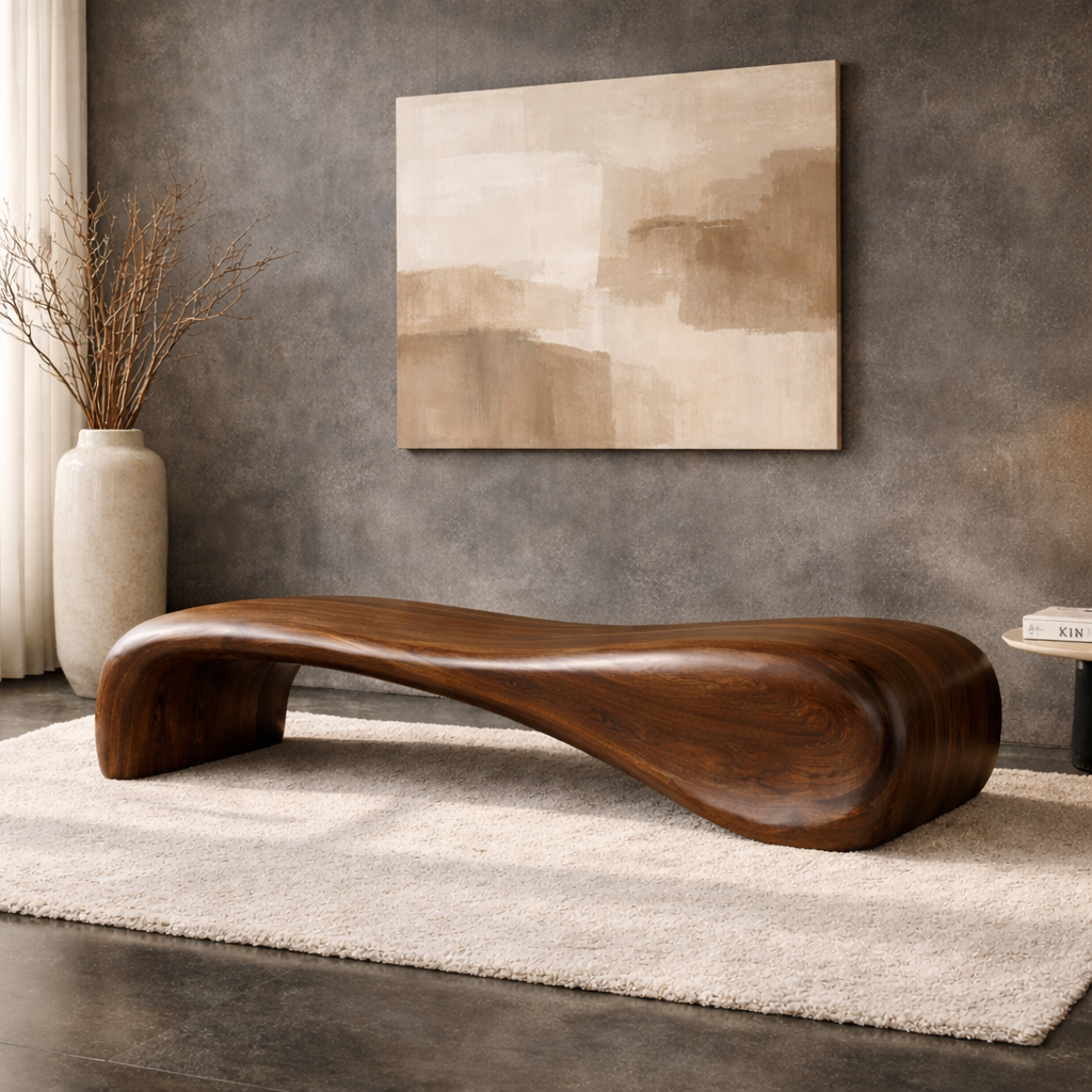 Modern Sculptural Wooden Entryway Bench, Curved Hallway Seating for Luxury Homes
