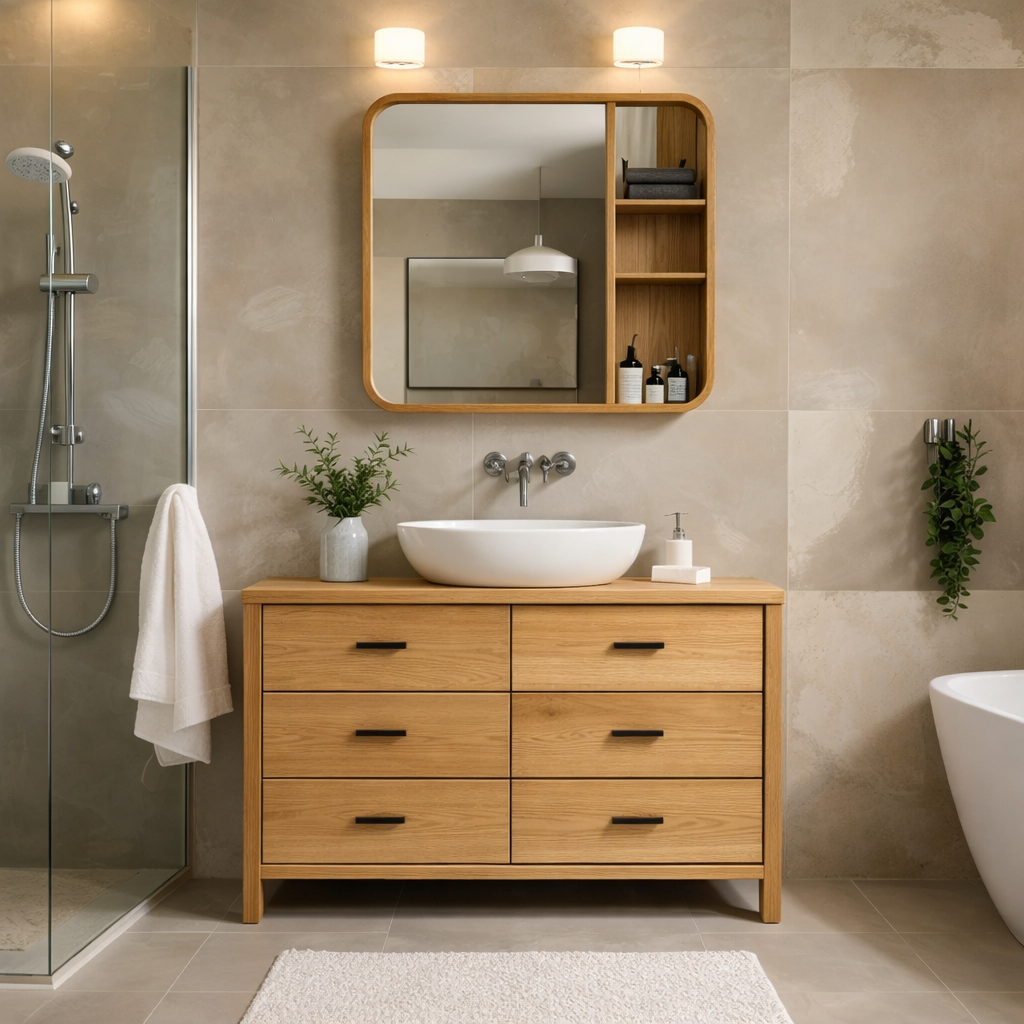 Solid Wood Bathroom Vanity Cabinet with Drawers & Mirror Storage – Modern Finish
