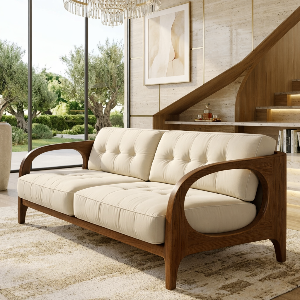 Curved Solid Wood Sofa with Cream Tufted Cushions Mid Century Modern Loveseat