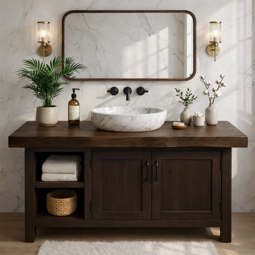Handcrafted Solid Wood Bathroom Vanity with Live Edge Top and Farmhouse Rustic Design
