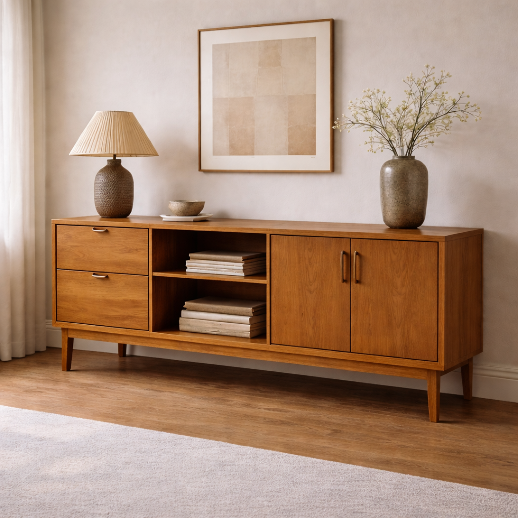 Solid Wood Console Cabinet with Drawers, Doors and Open Shelf Storage