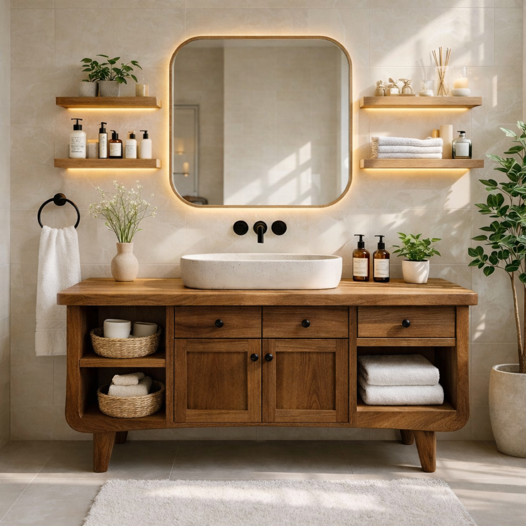 Modern Farmhouse Bathroom Vanity Cabinet With Drawers And Open Shelf Storage