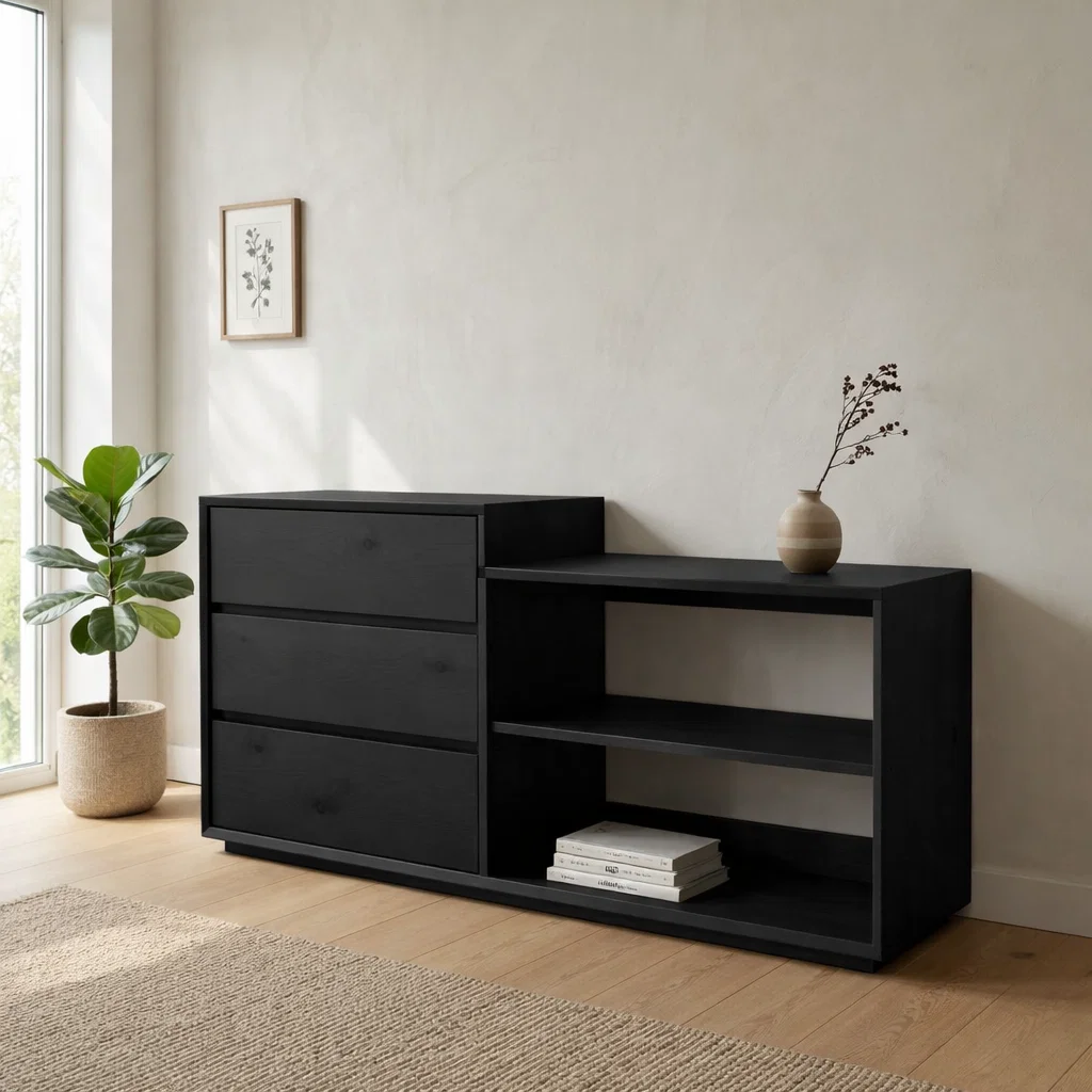Solid Oak Console Cabinet with Drawers & Open Shelves – Modern Storage Sideboard