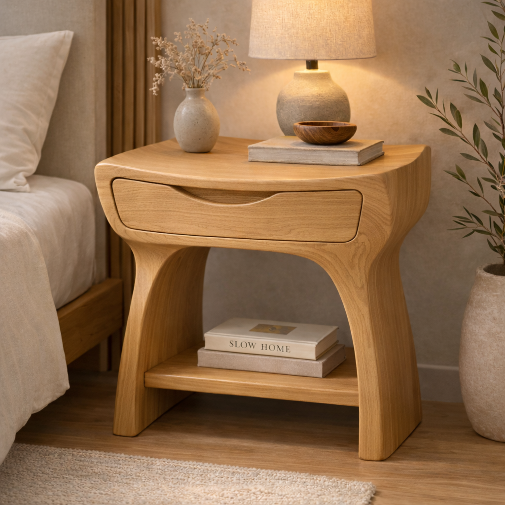 Solid Wood Nightstand with Drawer and Shelf – Modern Curved Bedside Table