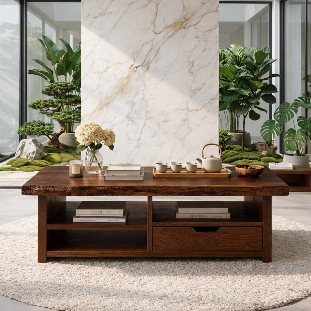 Live Edge Oak Coffee Table with Storage Drawer and Shelf, Solid Wood Living Room Table