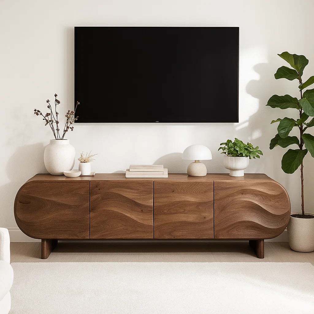 Modern Curved Wood TV Stand Long Media Console Storage Cabinet Low Profile Entertainment Center