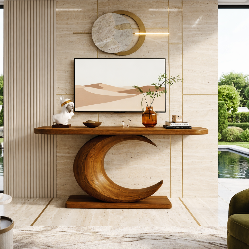 Solid Wood Console Table with Sculpted Crescent Base, Modern Artistic Design