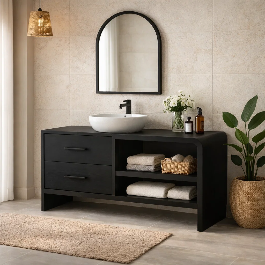 Modern Solid Wood Bathroom Vanity with Drawers and Open Shelf Storage Cabinet